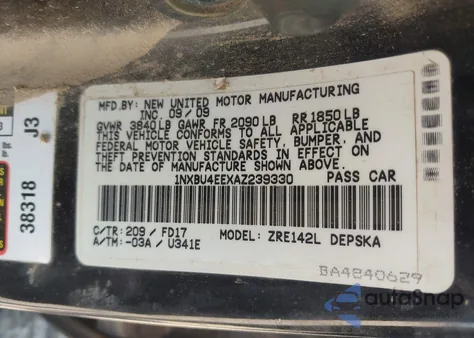 2010 Toyota Corolla S from USA, damaged, VIN 1NXBU4EEXAZ239330